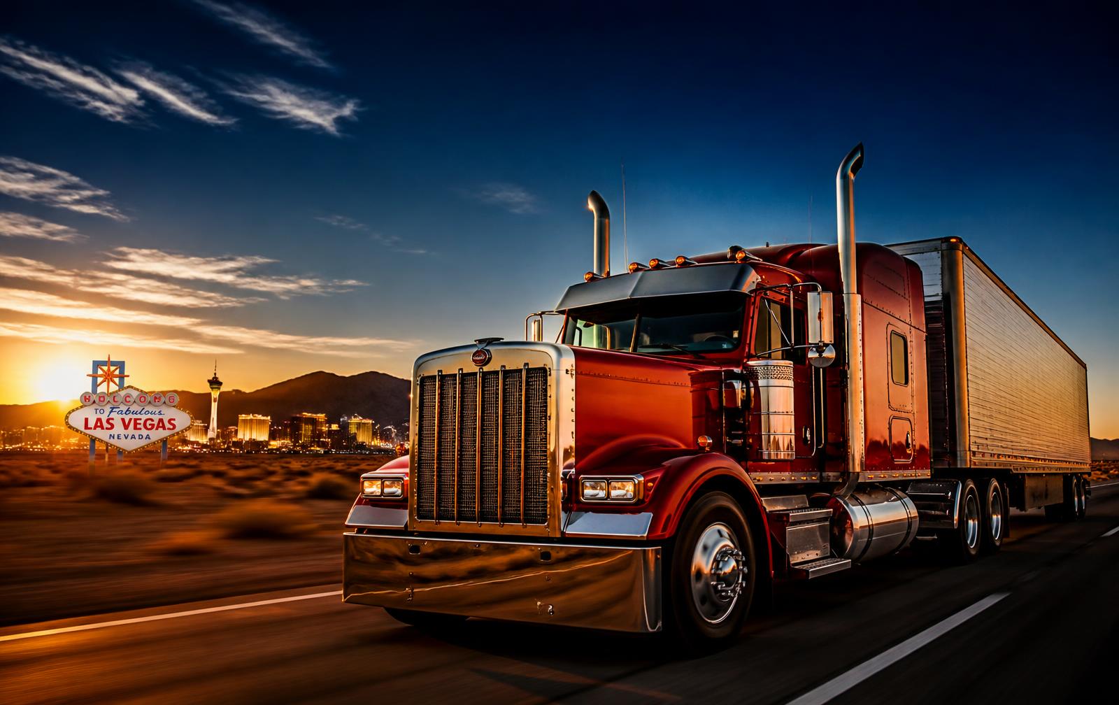 Semi truck on a desert highway at dusk outside Las Vegas